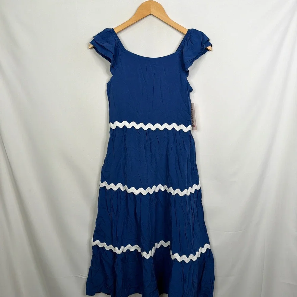 Chenault Girl Navy Blue Ric Rac Woven Maxi Dress Kids Size 14 Tiered NWT